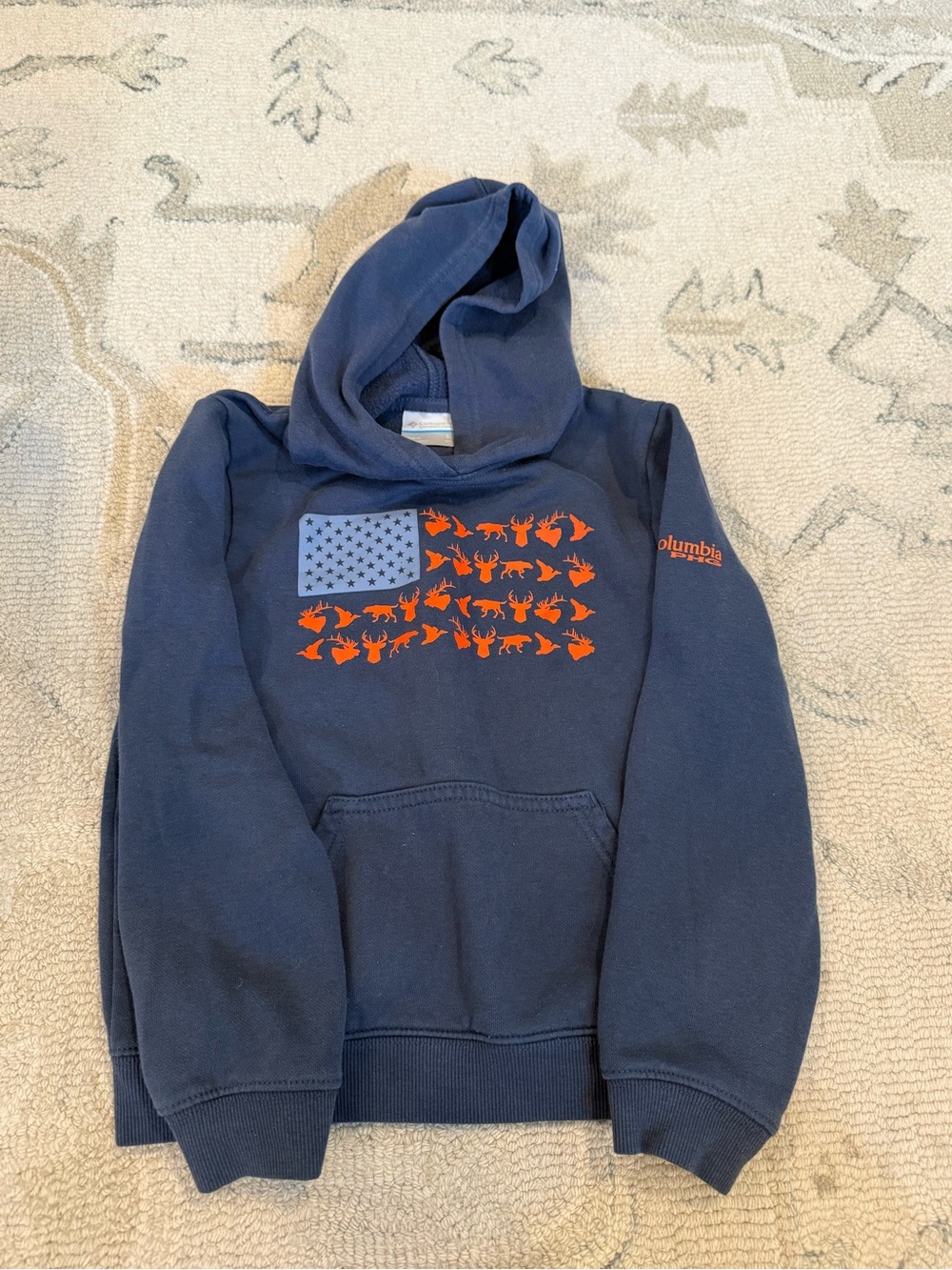 Columbia Navy Hooded Sweatshirt with Orange Graphic Flag